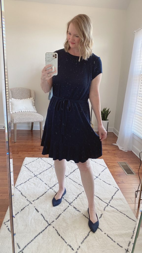 TRY-ON SESSION REVIEWS LOFT FEB 11 2022 - navy tie waist flounce dress