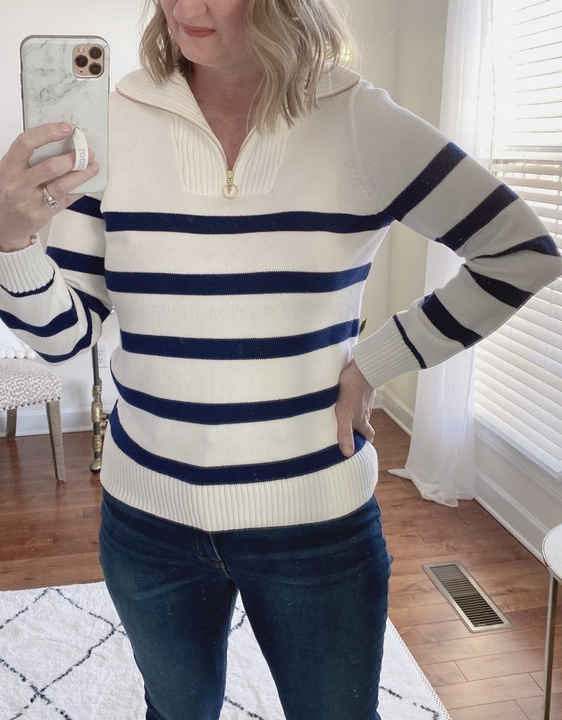 Try-On Session Reviews J Crew Factory Feb 2022 - striped sweater closeup