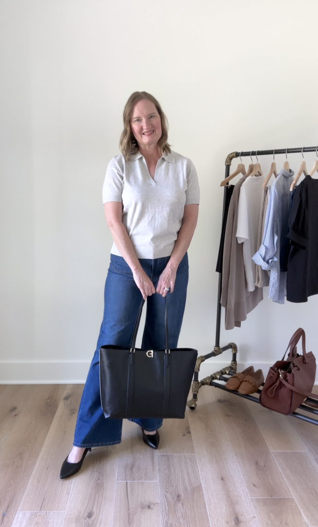 BUSINESS CASUAL OUTFITS WITH COLE HAAN - OUTFIT 2 polo sweater wide leg jeans black pumps