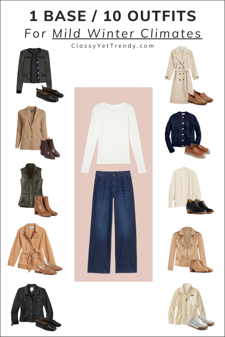 1 Base, 10 Outfits: How To Style A Tee, Wide Leg Jeans & Outerwear For Mild Winter Climates