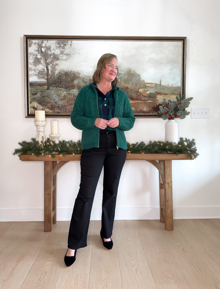 Elevated-Casual Black Watch Tartan, Green & Black Holiday Outfit