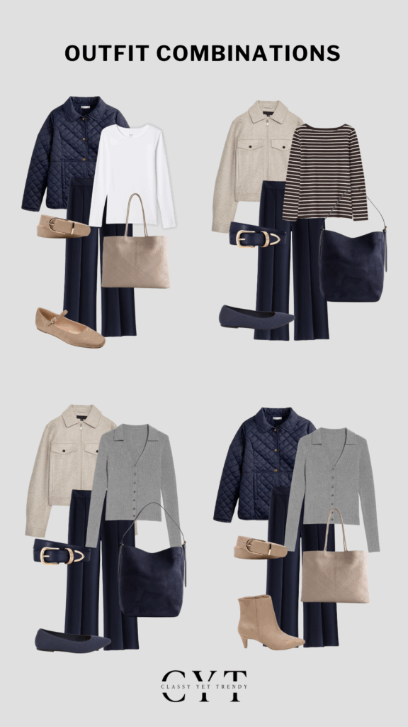 BUDGET TO OUTFITS SERIES - 2 - BROWN NAVY GRAY WHITE DENIM FALL 2025 - OUTFITS 1-4