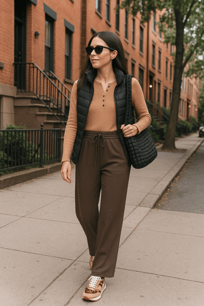 BUDGET TO OUTFITS SERIES 3 - ATHLEISURE BLACK BROWN OLIVE FALL 2025 - styled outfit puffer vest drawstring pants sneakers