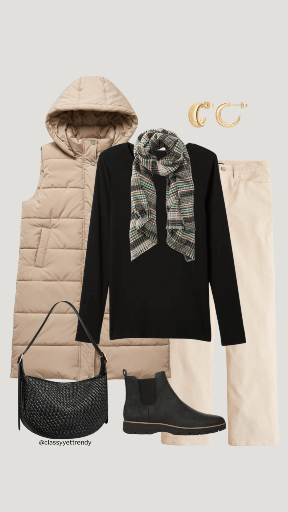 6 WAYS TO WEAR A LONG PUFFER VEST WITH EVERYDAY CASUAL CAPSULE WARDROBE WINTER 2025 - DEC 2025 OUTFIT 2 COLLAGE