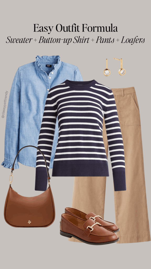 EASY OUTFIT FORMULA - SWEATER BUTTON UP SHIRT PANTS LOAFERS - OUTFIT 1