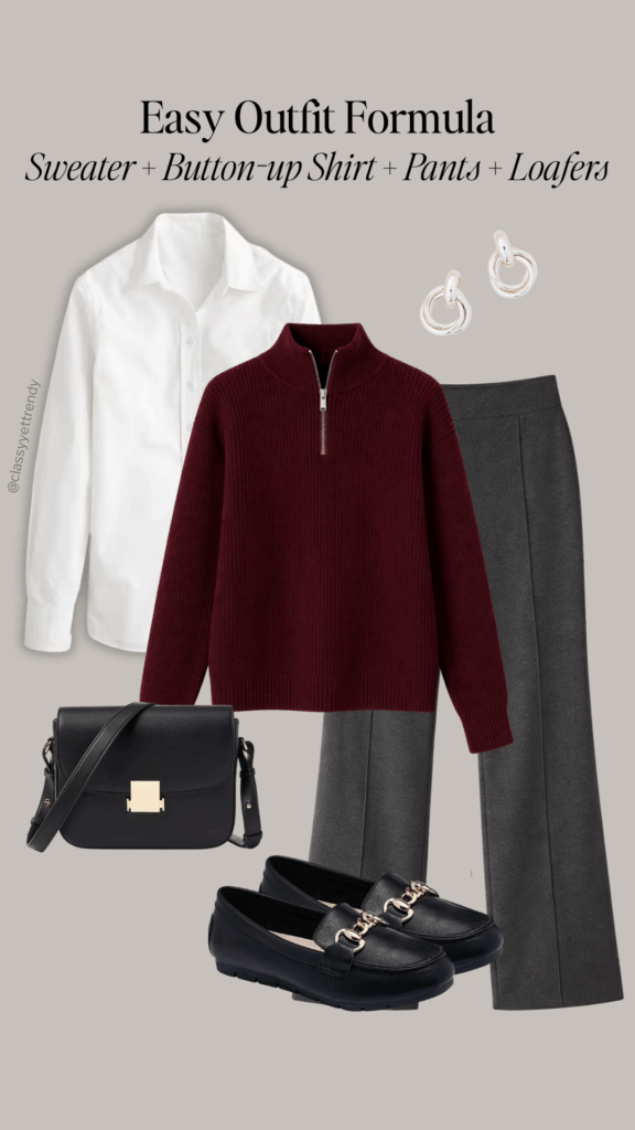 EASY OUTFIT FORMULA - SWEATER BUTTON UP SHIRT PANTS LOAFERS - OUTFIT 2