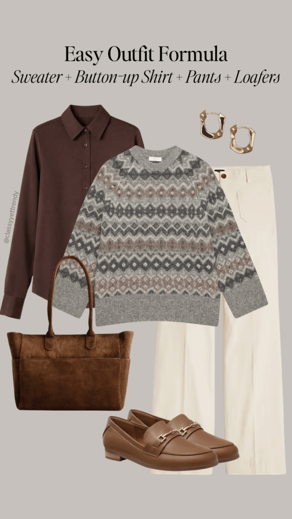 EASY OUTFIT FORMULA - SWEATER BUTTON UP SHIRT PANTS LOAFERS - OUTFIT 5
