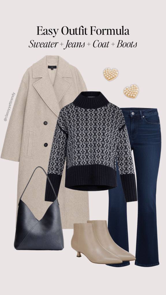 EASY OUTFIT FORMULA - SWEATER JEANS COAT BOOTS - outfit 2