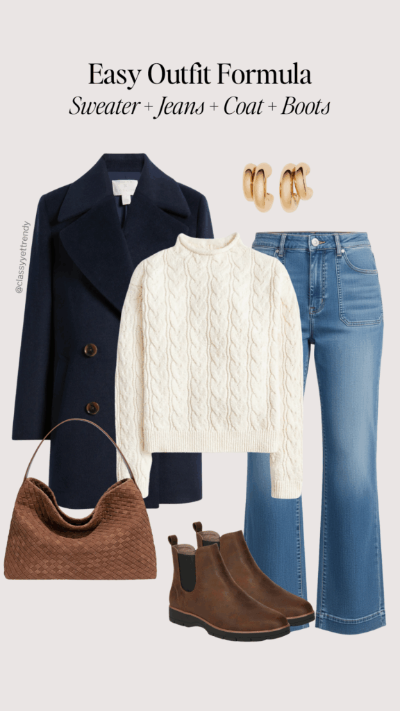 EASY OUTFIT FORMULA - SWEATER JEANS COAT BOOTS - outfit 3