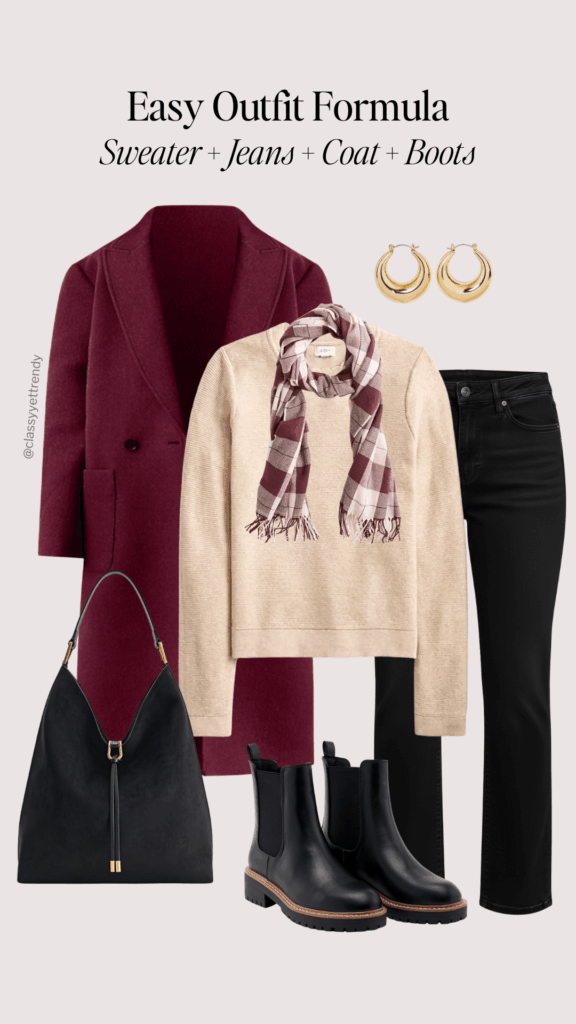 EASY OUTFIT FORMULA - SWEATER JEANS COAT BOOTS - outfit 4
