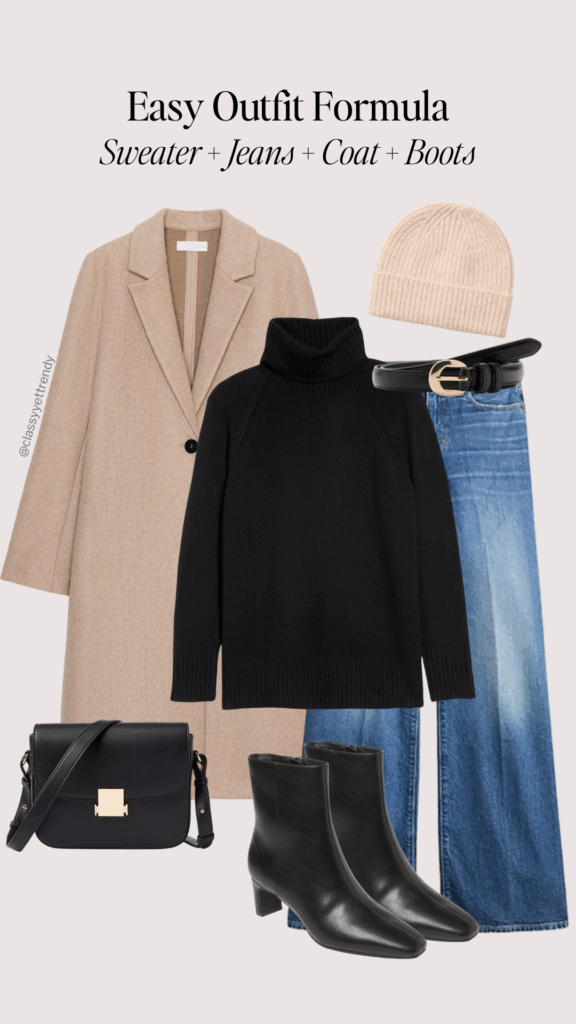 EASY OUTFIT FORMULA - SWEATER JEANS COAT BOOTS - outfit 5