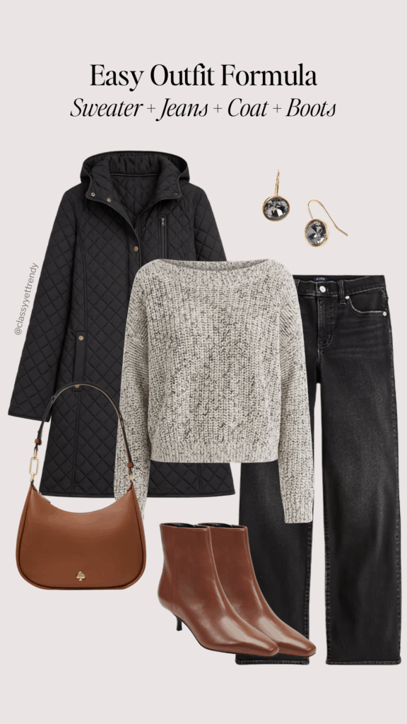 EASY OUTFIT FORMULA - SWEATER JEANS COAT BOOTS - outfit 6