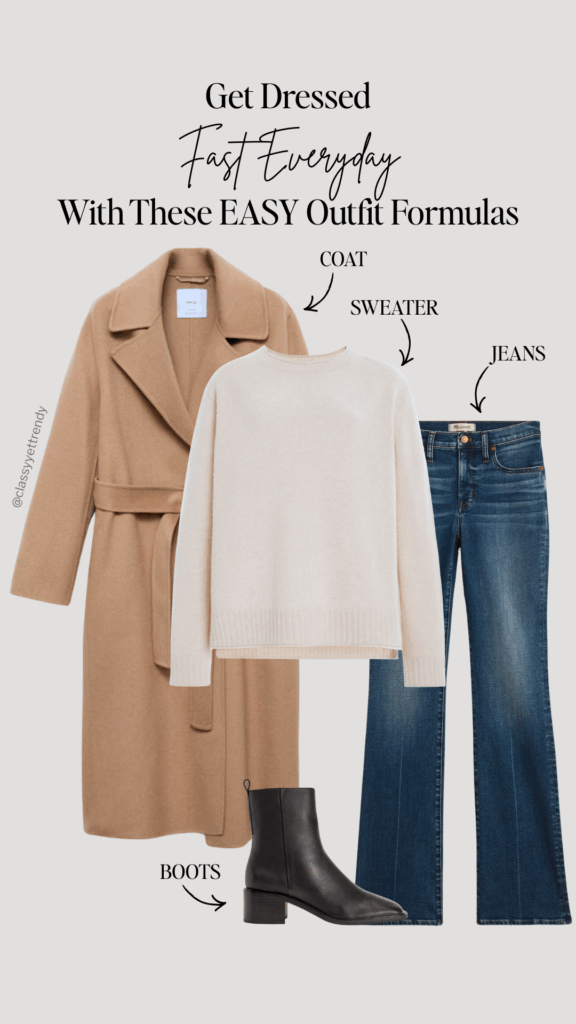 GET DRESSED FAST EVERYDAY FRENCH WARDROBE STAPLES OUTFIT FORMULAS - sweater coat jeans boots