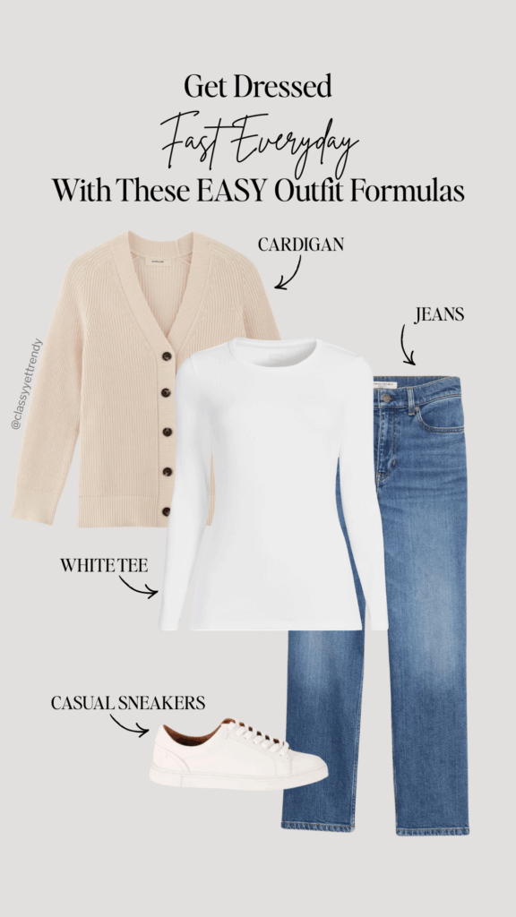 GET DRESSED FAST EVERYDAY FRENCH WARDROBE STAPLES OUTFIT FORMULAS - CARDIGAN TEE JEANS CASUAL SNEAKERS