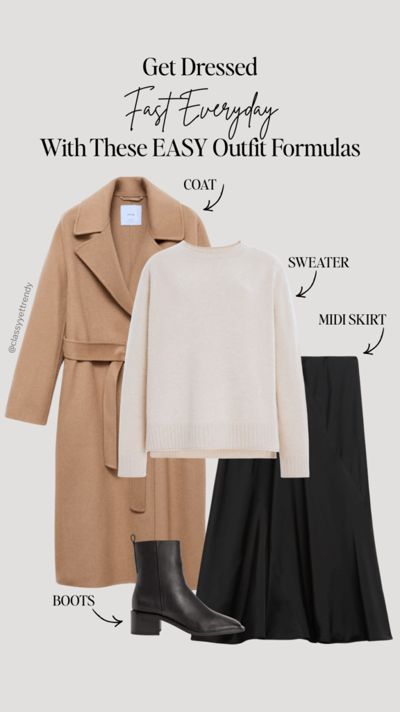 GET DRESSED FAST EVERYDAY FRENCH WARDROBE STAPLES OUTFIT FORMULAS - SWEATER MIDI SKIRT COAT BOOTS