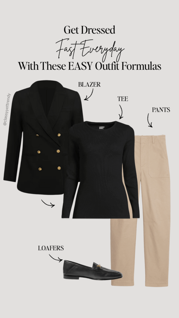 GET DRESSED FAST EVERYDAY FRENCH WARDROBE STAPLES OUTFIT FORMULAS - TEE + PANTS + BLAZER + LOAFERS