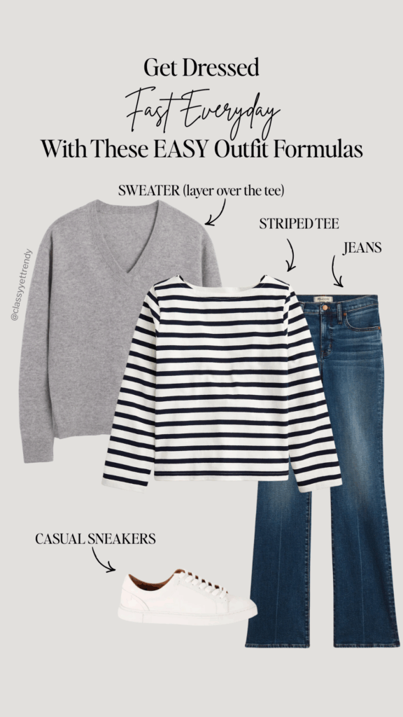 GET DRESSED FAST EVERYDAY FRENCH WARDROBE STAPLES OUTFIT FORMULAS - STRIPED TEE JEANS SWEATER CASUAL SNEAKERS