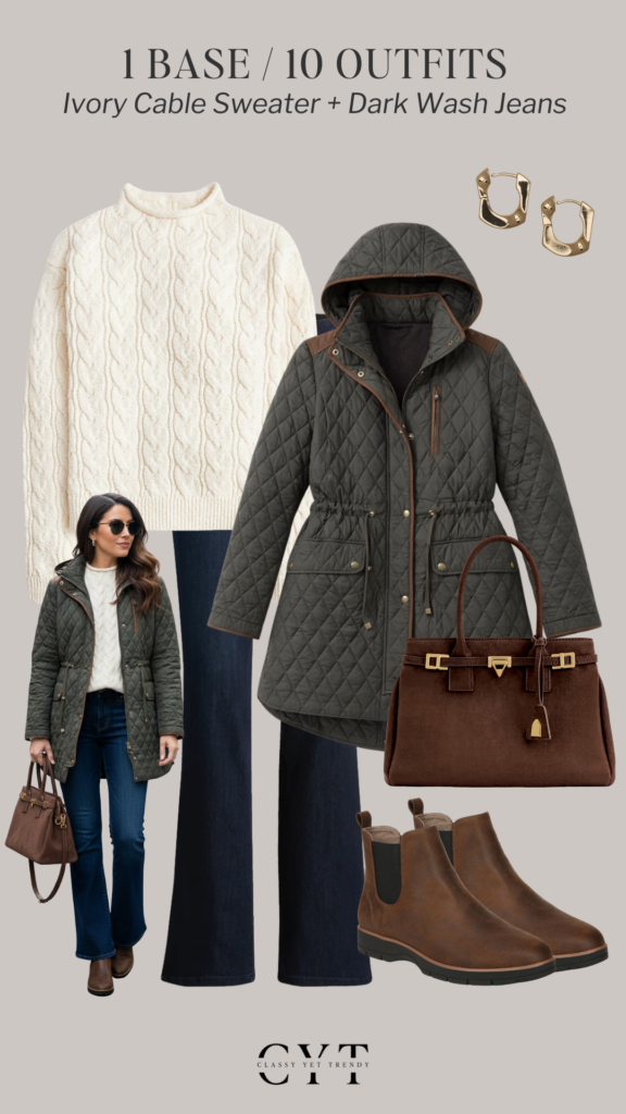 1 BASE 10 OUTFITS - IVORY CABLE SWEATER DARK WASH JEANS JAN 2026 - OUTFIT 2 COLLAGE STYLED