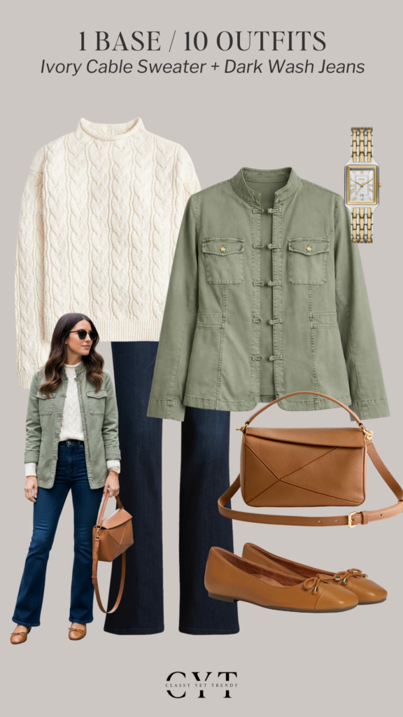 1 BASE 10 OUTFITS - IVORY CABLE SWEATER DARK WASH JEANS JAN 2026 - OUTFIT 4 COLLAGE STYLED