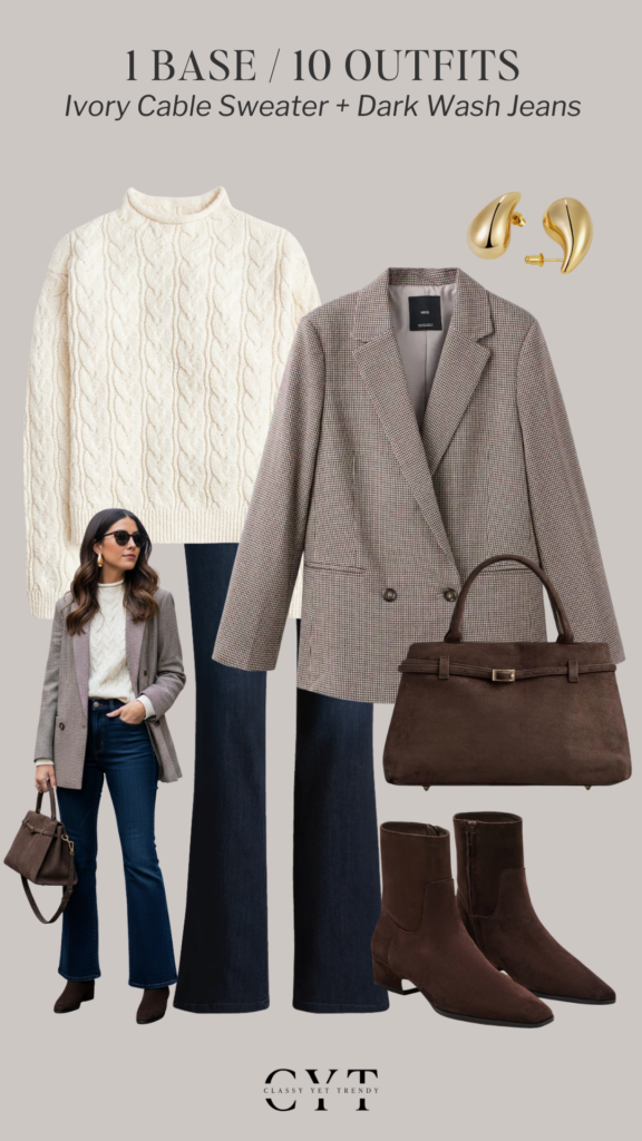 1 BASE 10 OUTFITS - IVORY CABLE SWEATER DARK WASH JEANS JAN 2026 - OUTFIT 6 COLLAGE STYLED