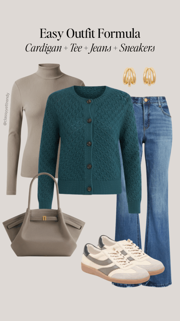 EASY OUTFIT FORMULA FALL WINTER - CARDIGAN TEE JEANS SNEAKERS - OUTFIT 2