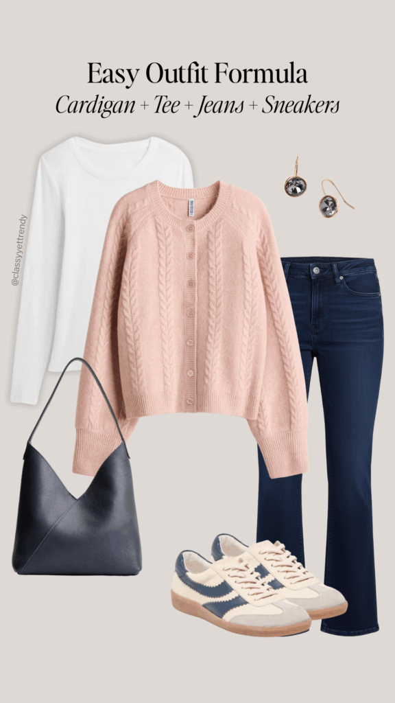 EASY OUTFIT FORMULA FALL WINTER - CARDIGAN TEE JEANS SNEAKERS - OUTFIT 4