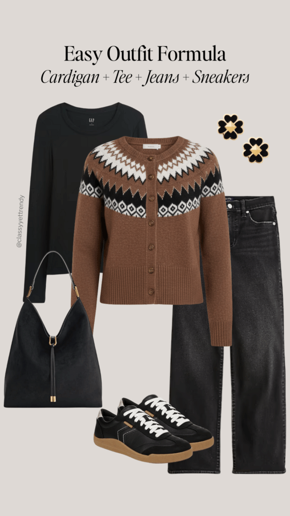 EASY OUTFIT FORMULA FALL WINTER - CARDIGAN TEE JEANS SNEAKERS - OUTFIT 5