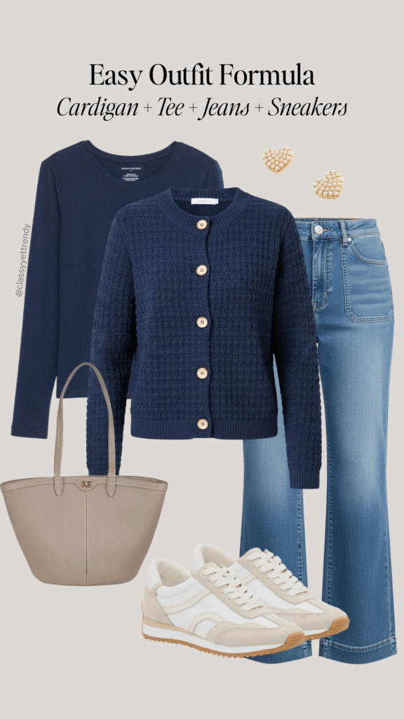 EASY OUTFIT FORMULA FALL WINTER - CARDIGAN TEE JEANS SNEAKERS - OUTFIT 6