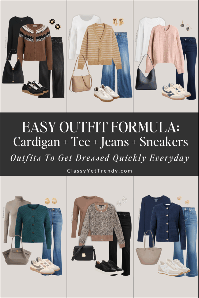 EASY OUTFIT FORMULA FALL WINTER - CARDIGAN TEE JEANS SNEAKERS pin