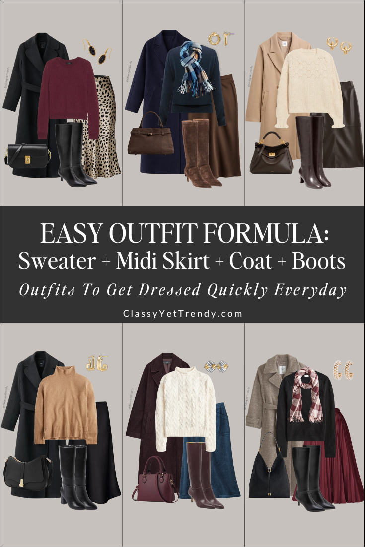EASY OUTFIT FORMULA FALL WINTER - SWEATER MIDI SKIRT COAT BOOTS pin