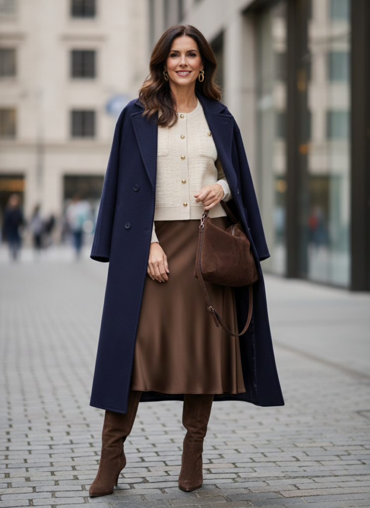 OUTFIT IDEAS - NAVY COAT - JAN 2026 - LADY CARDIGAN BROWN SKIRT BOOTS