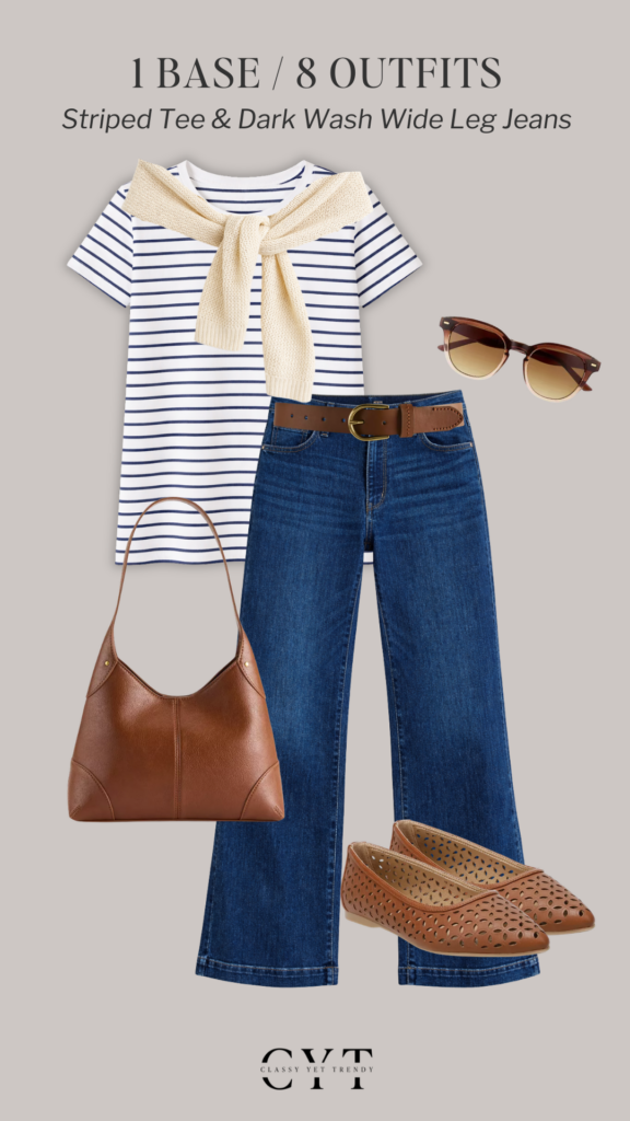 1 BASE 8 OUTFITS - KOHLS STRIPED TEE DARK WASH WIDE LEG JEANS FEB 2026 - OUTFIT 2