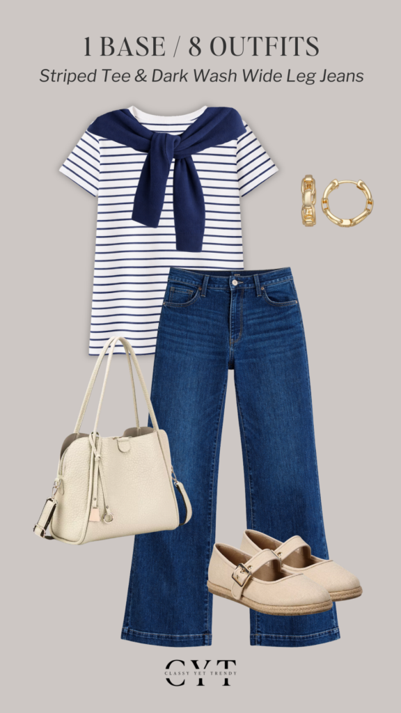 1 BASE 8 OUTFITS - KOHLS STRIPED TEE DARK WASH WIDE LEG JEANS FEB 2026 - OUTFIT 6