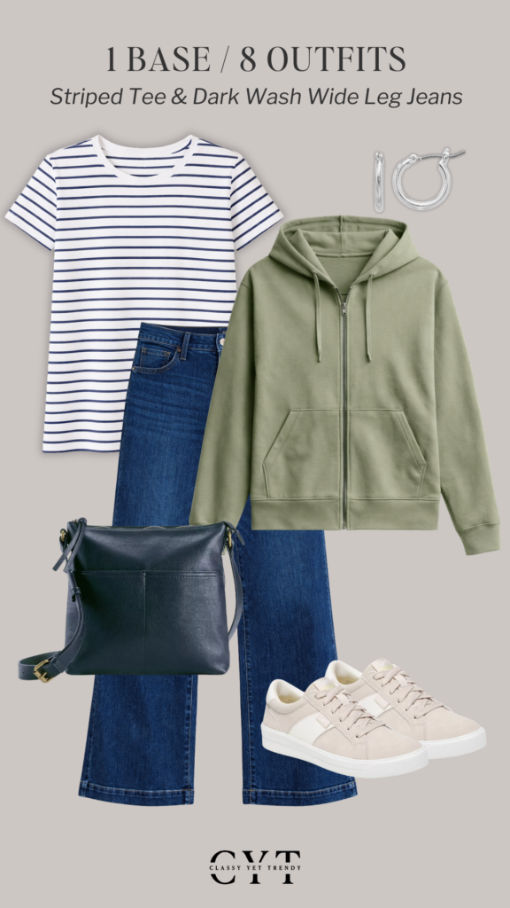 1 BASE 8 OUTFITS - KOHLS STRIPED TEE DARK WASH WIDE LEG JEANS FEB 2026 - OUTFIT 7
