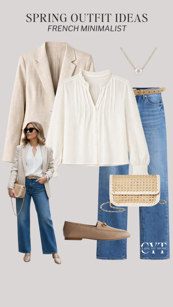 FRENCH MINIMALIST OUTFIT IDEAS SPRING 2026 - OUTFIT 1 MODEL COLLAGE