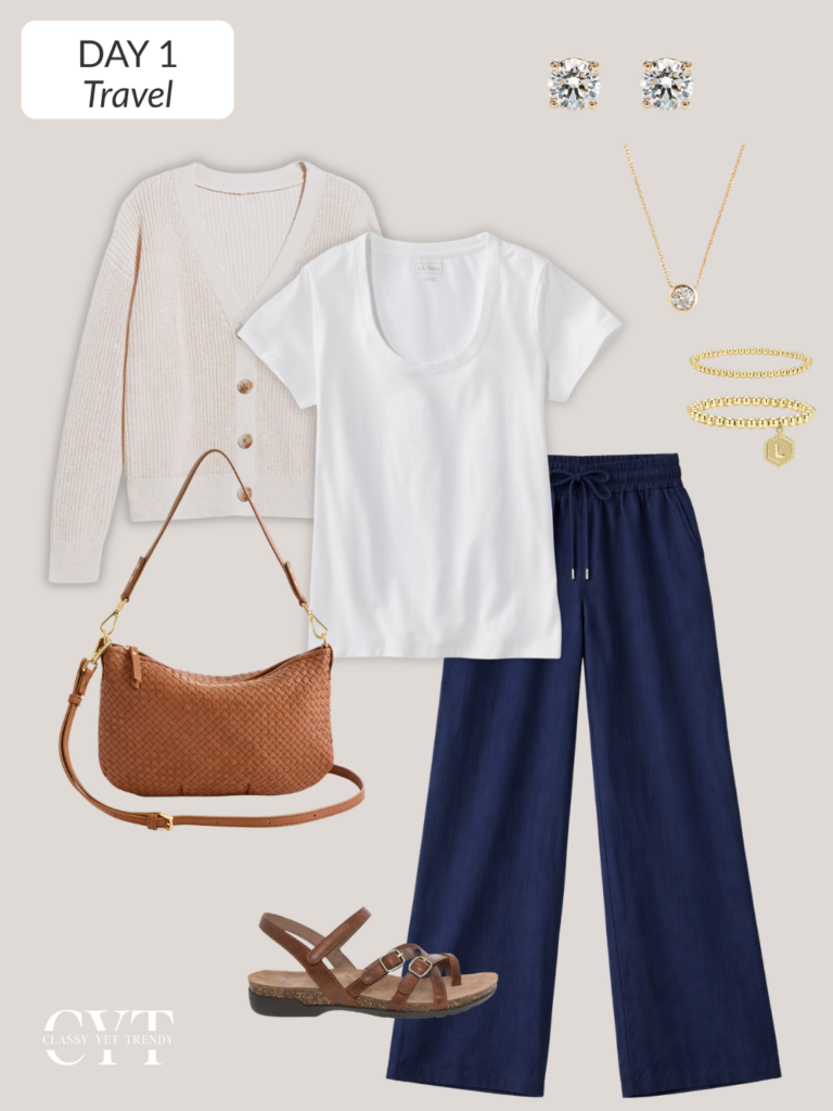 TRAVEL WARDROBE PACKING CHART - 5 DAYS 30A SANTA ROSA BEACH FLORIDA APR 2026 - DAY 1 OUTFIT COLLAGE