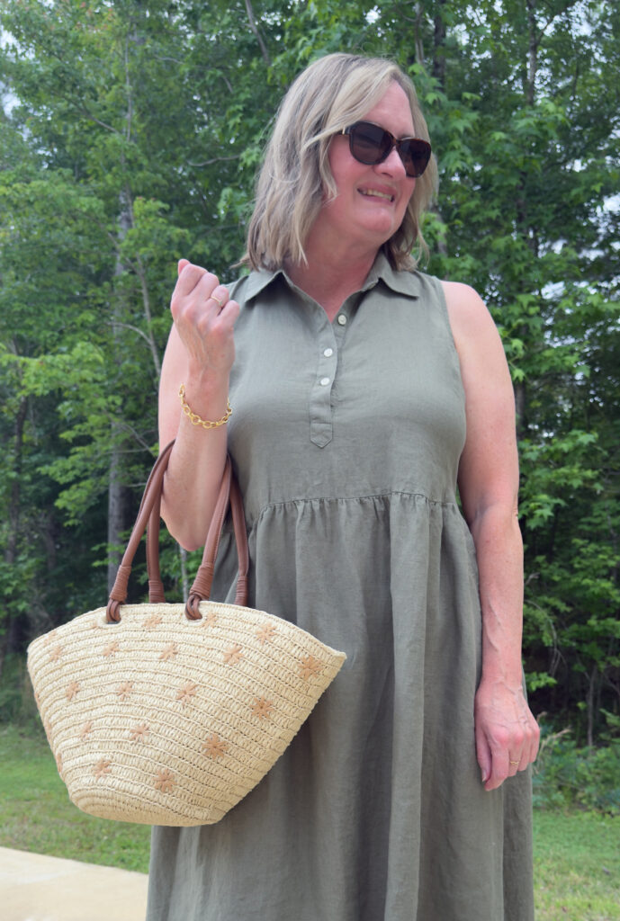 TALBOTS 3 SUMMER DRESSES NATURAL FABRICS MAY 2026 - OLIVE LINEN CLOSEUP