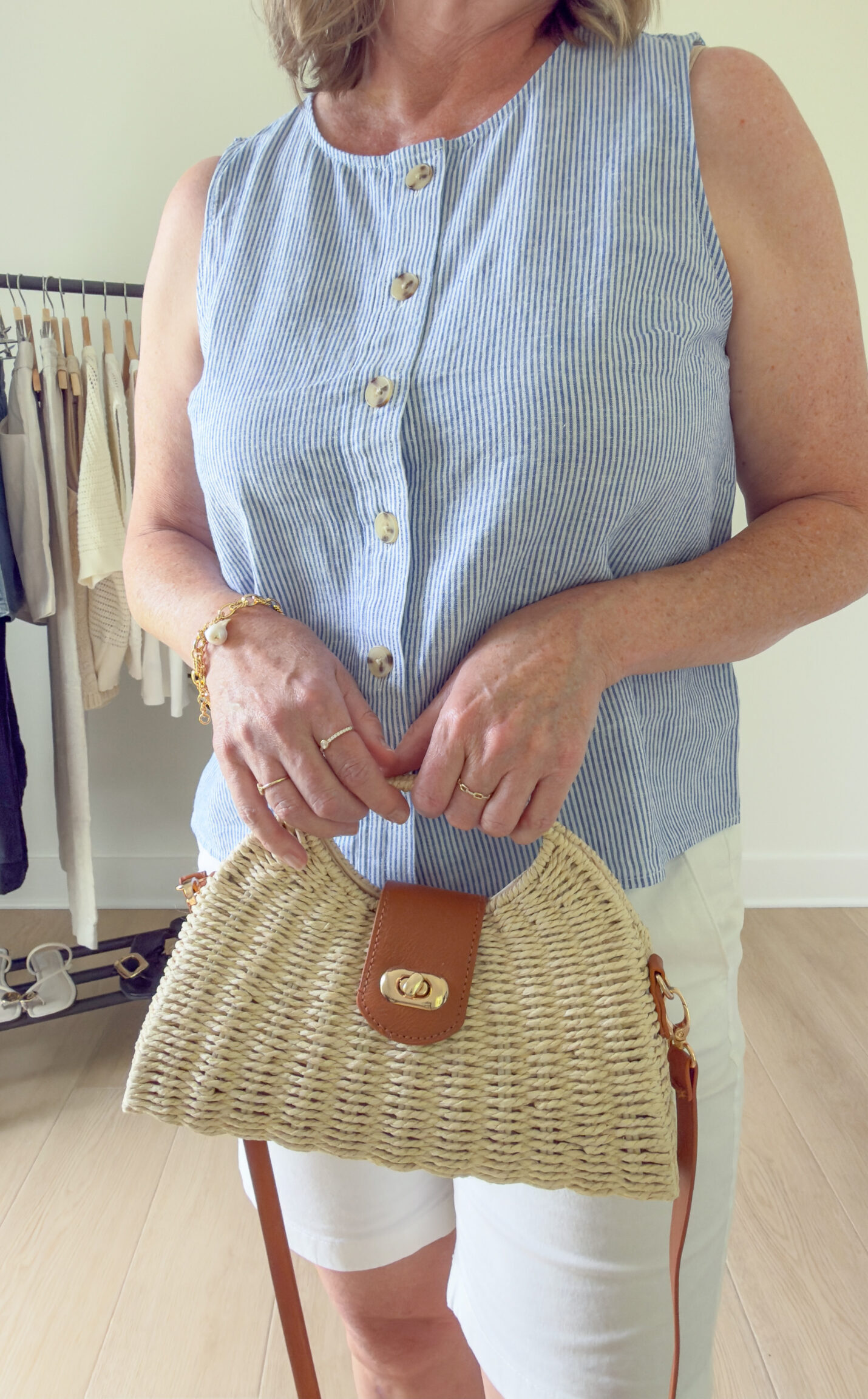 J CREW FACTORY BLUE STRIPE SHELL WHITE SHORTS CARAMEL SANDALS - CLOSEUP