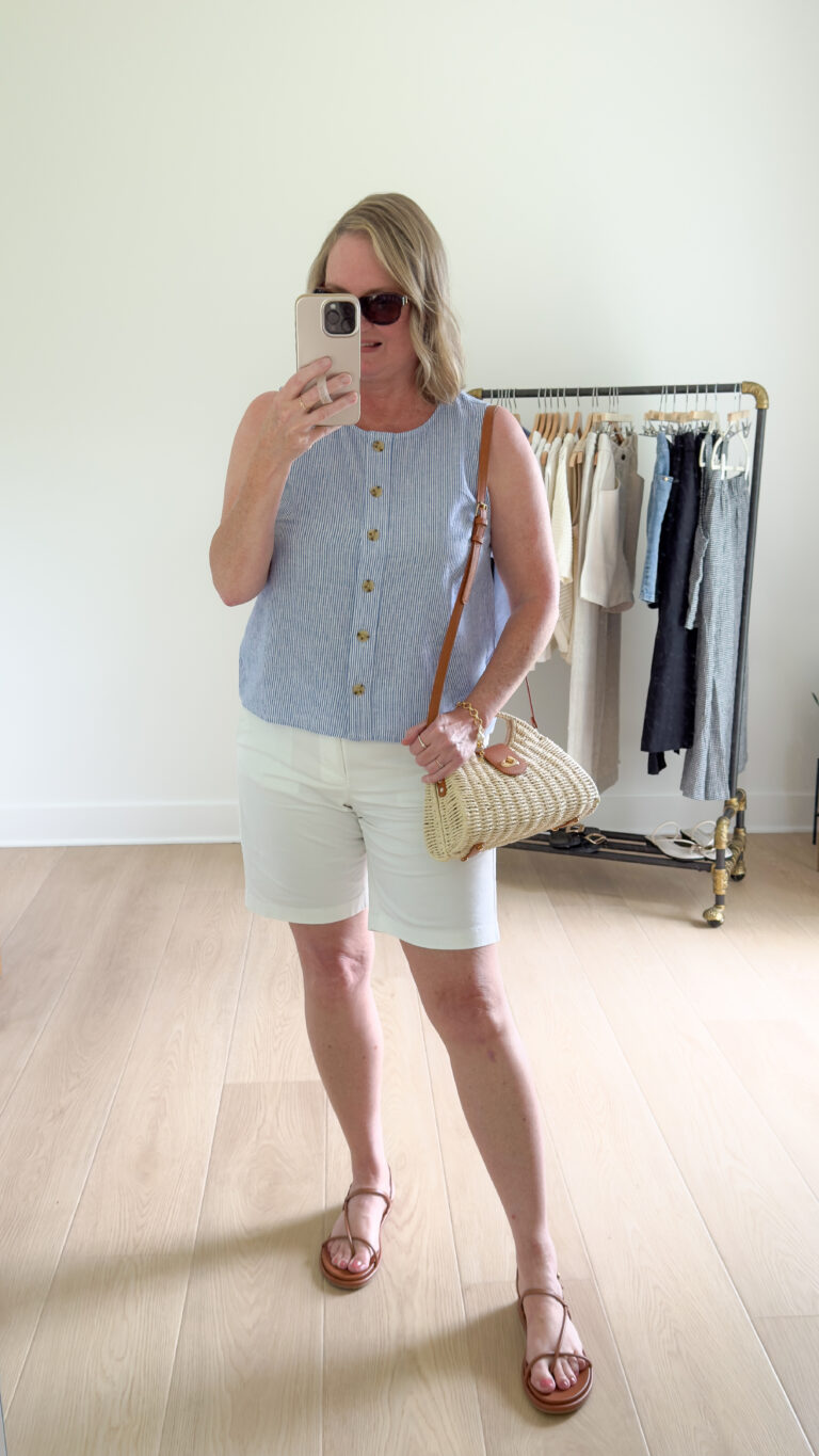 J CREW FACTORY BLUE STRIPE SHELL WHITE SHORTS CARAMEL SANDALS - MIRROR FULL SIDE